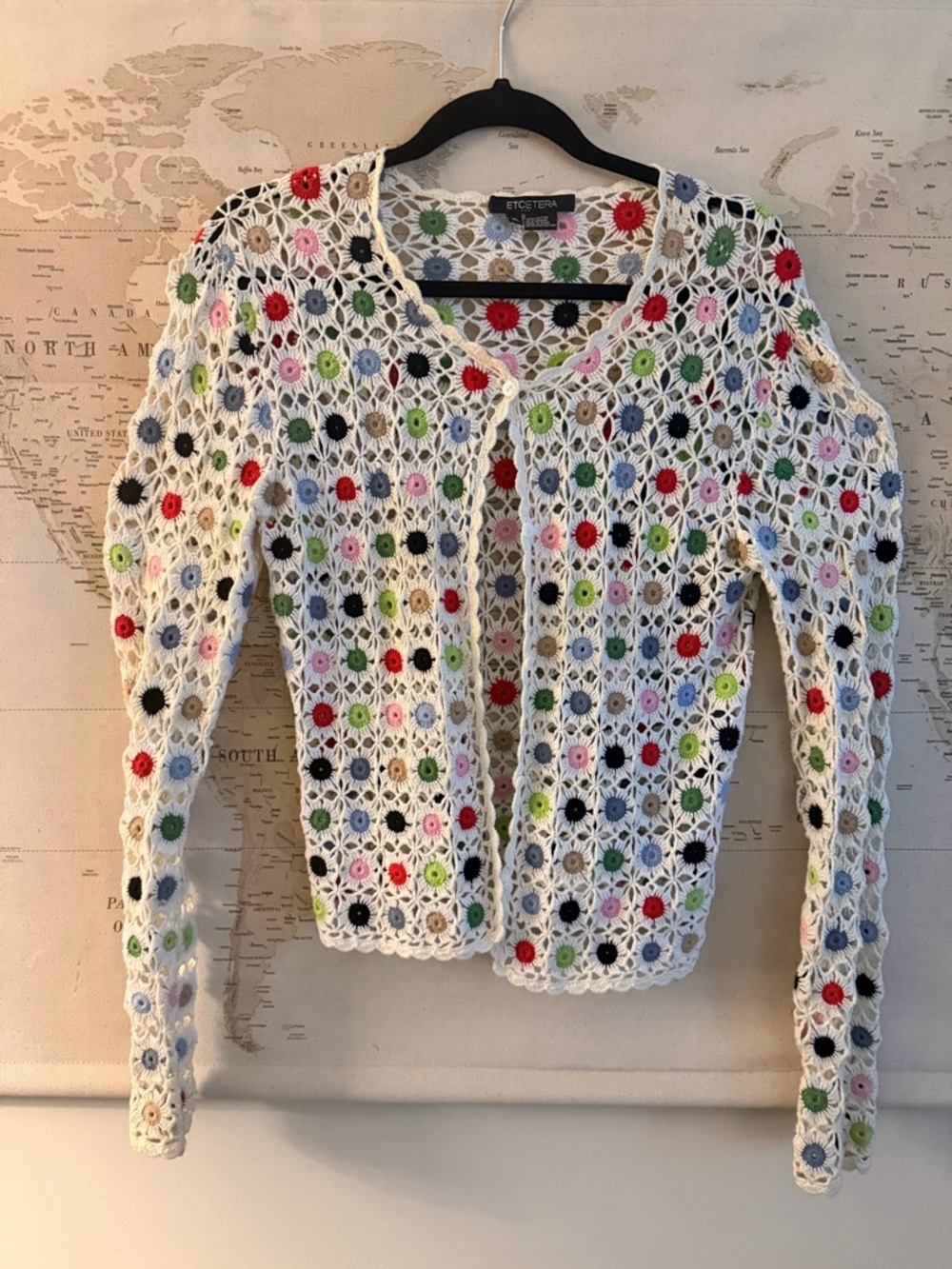 Vintage White Crochet Floral Cardigan with Multicolor Flower Details Size XL